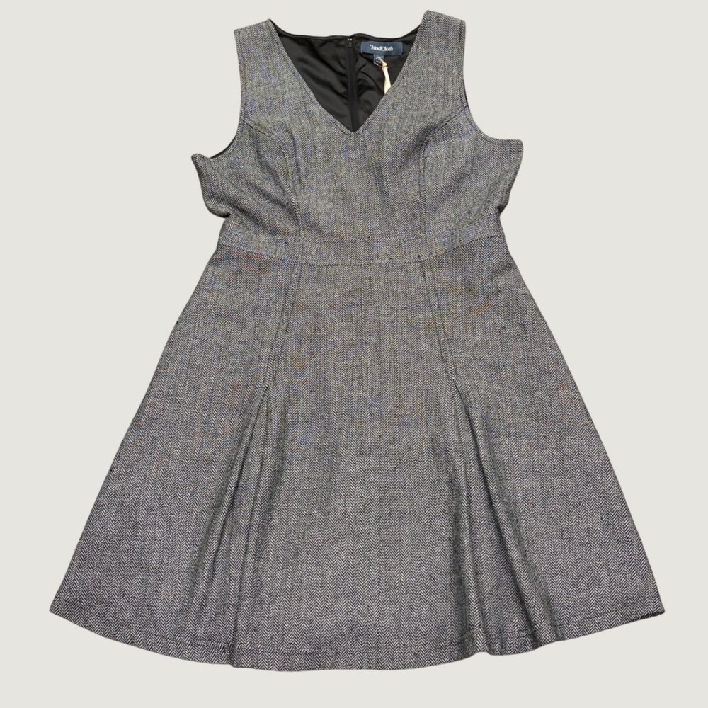 ModCloth Herringbone V-Neck Fit and Flare Sleeveless Dress Black White 10 NEW